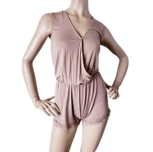 Heart & Hips Nude/Mocha Knit Lace Trim Romper